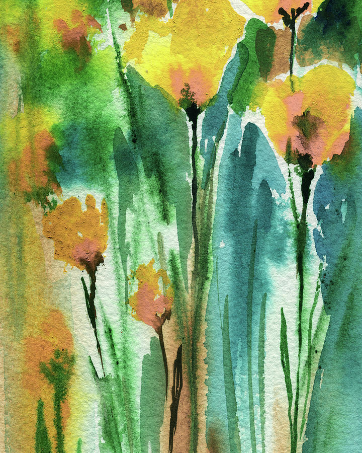 Abstract Floral Watercolor Painting Yellow Orange Flowers Field Painting