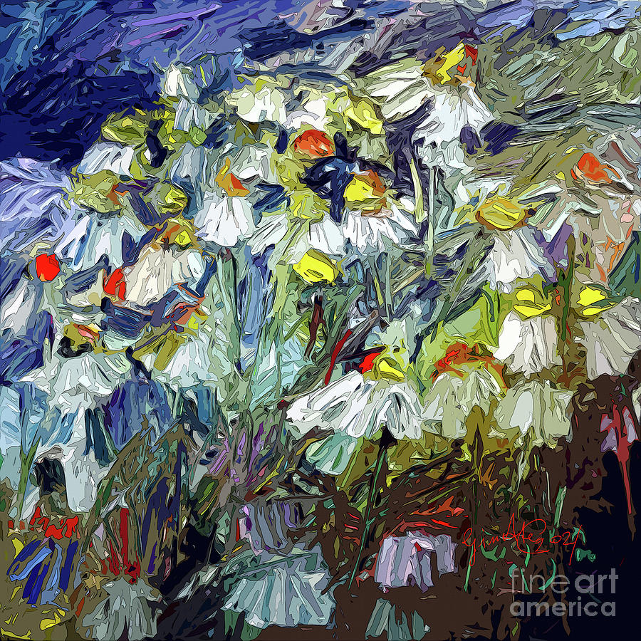 Abstract Flowers Chamomile Blues Mixed Media by Ginette Callaway