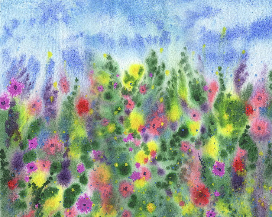 Abstract Flowers Garden Multitude Of Colors Watercolor Painting