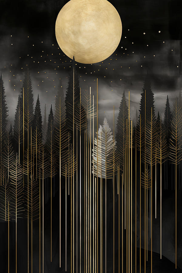 Abstract Forest With Geometric Patterns Of Evergreen - Black And Gold Painting