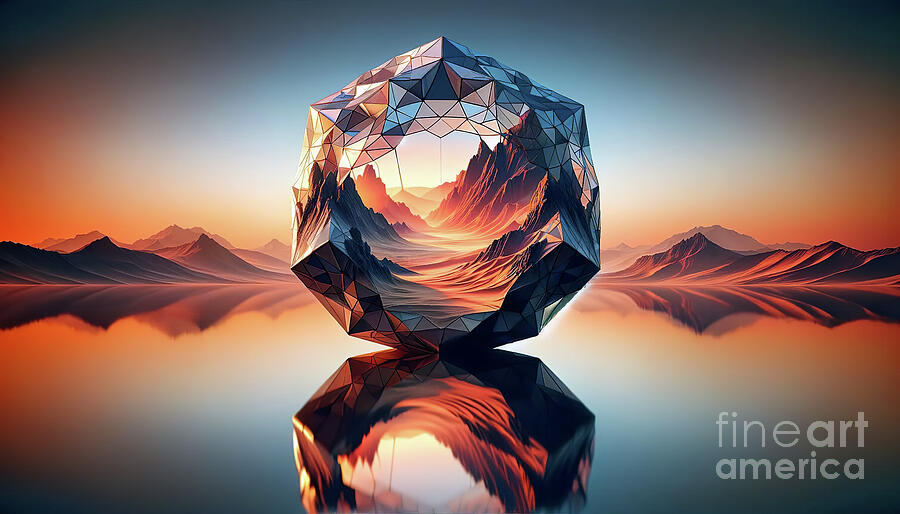 Abstract geometric crystal structure reflecting a surreal mountainous landscape Digital Art by Odon Czintos