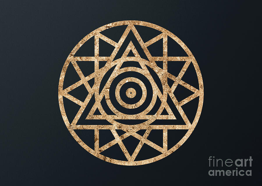 Abstract Geometric Gold Glyph Art on Dark Teal Blue 063 Horizontal Mixed Media by Holy Rock Design