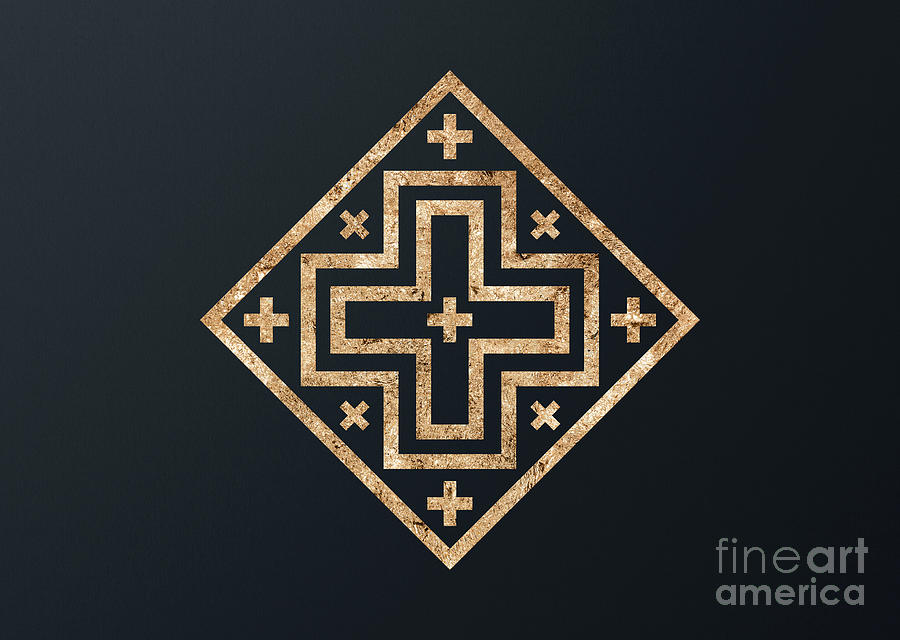 Abstract Geometric Gold Glyph Art on Dark Teal Blue 170 Horizontal Mixed Media by Holy Rock Design