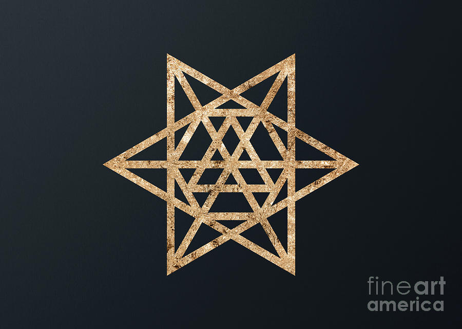 Abstract Geometric Gold Glyph Art on Dark Teal Blue 233 Horizontal Mixed Media by Holy Rock Design