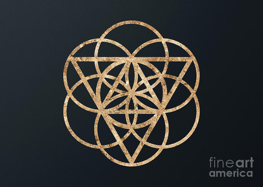 Abstract Geometric Gold Glyph Art on Dark Teal Blue 235 Horizontal Mixed Media by Holy Rock Design
