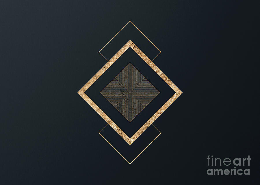 Abstract Geometric Gold Glyph Art on Dark Teal Blue 324 Horizontal Mixed Media by Holy Rock Design