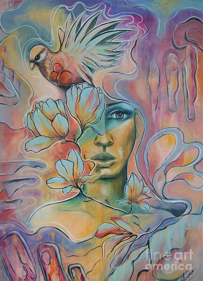 Abstract Goddess 5 with bird Painting by Reina Cottier