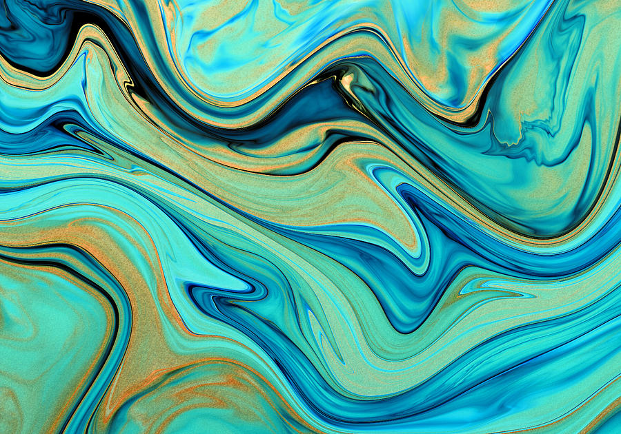 Abstract Golden Waves on Teal Blue Marbled Distorted Lines Background. Aqua Gold Metallic Texture. Photograph by Oxygen