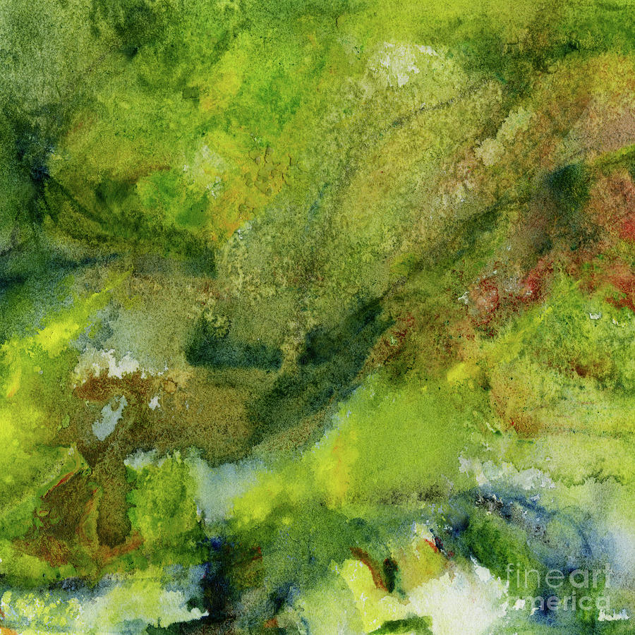 Abstract Painting - Abstract green, yellow green and yellow landscape by Sharon Freeman