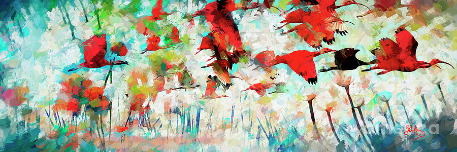 Abstract Ibis Bird Art Decorative Panorama Mixed Media by Ginette Callaway