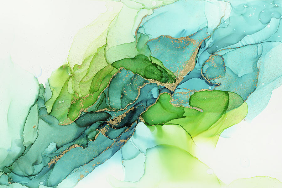 Abstract Painting - Abstract Ink Blue Gold Green by Olga Shvartsur