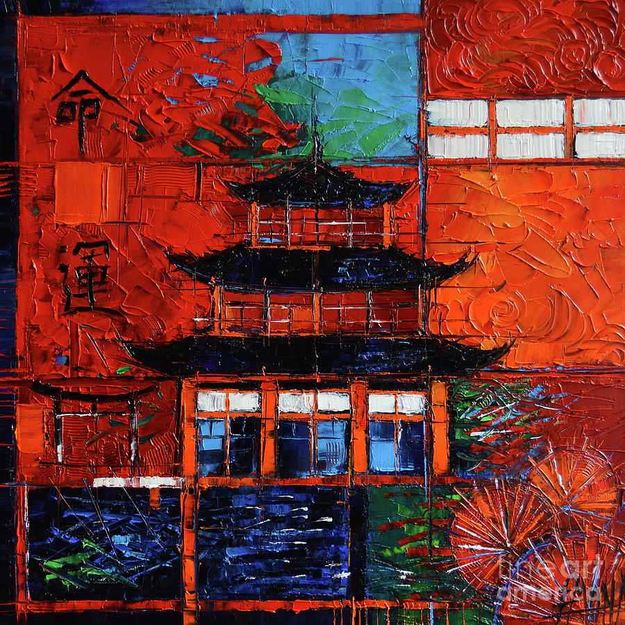 ABSTRACT JAPANESE PAGODA commissioned palette knife oil painting Mona Edulesco Painting by Mona Edulesco