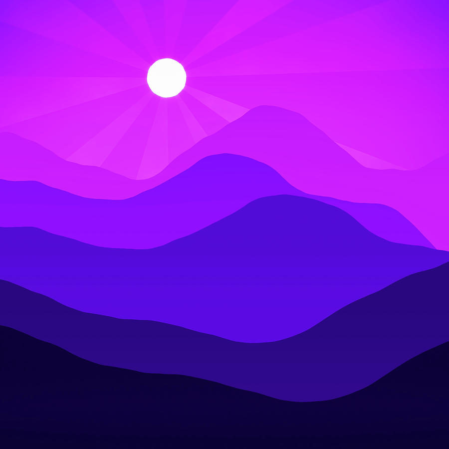 Abstract Landscape Dark Violet Mountain Range with Sun Digital Art by Matthias Hauser