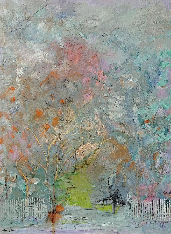 Abstract Landscape with Fence Painting by Lisa Kaiser