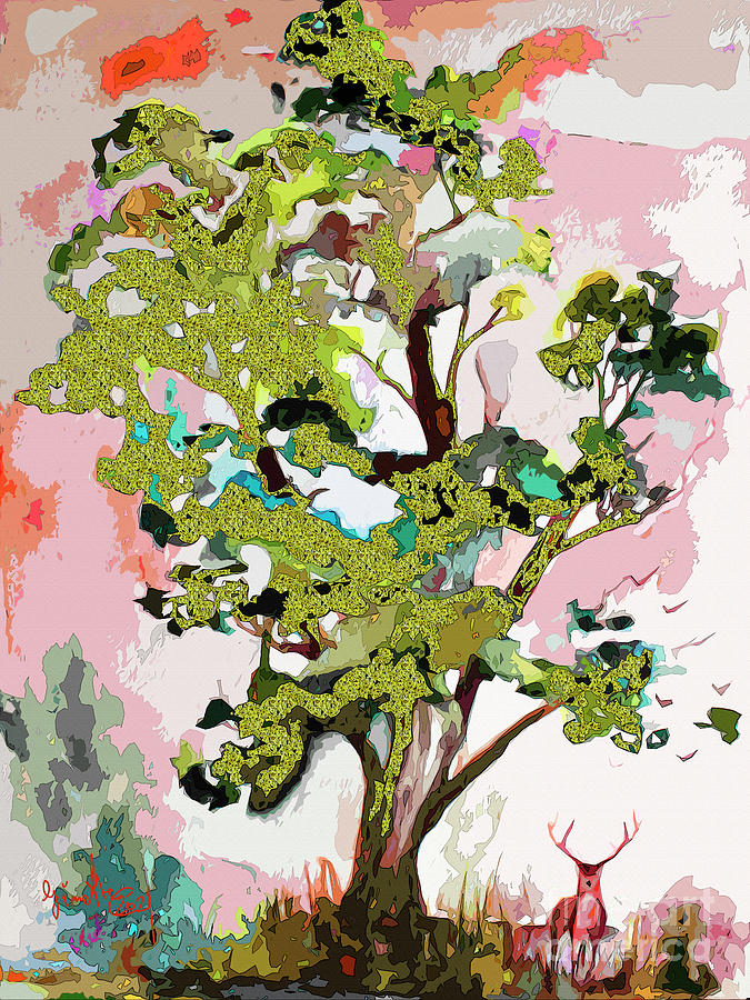 Abstract Magic Tree and Deer  Mixed Media by Ginette Callaway