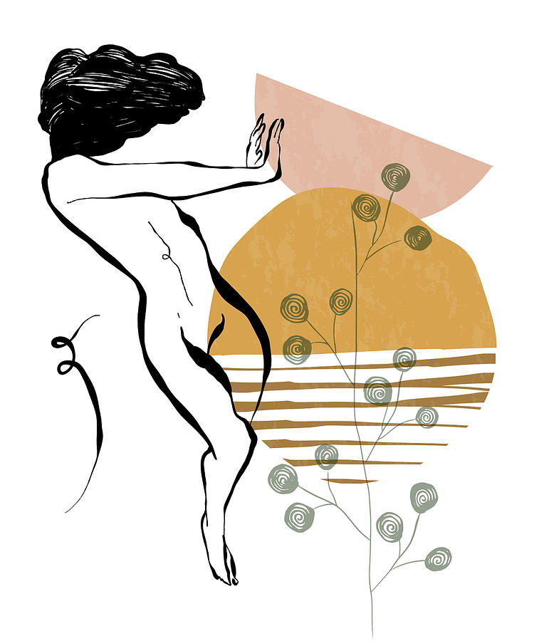 Sunset Drawing - Abstract minimalist aesthetic poster, nude woman lineart, retro vintage feminine line art collection by Mounir Khalfouf