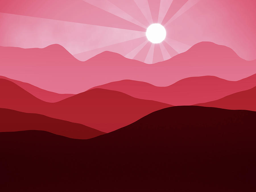 Abstract Minimalist Red Mountain Landscape Sunset Digital Art by Matthias Hauser