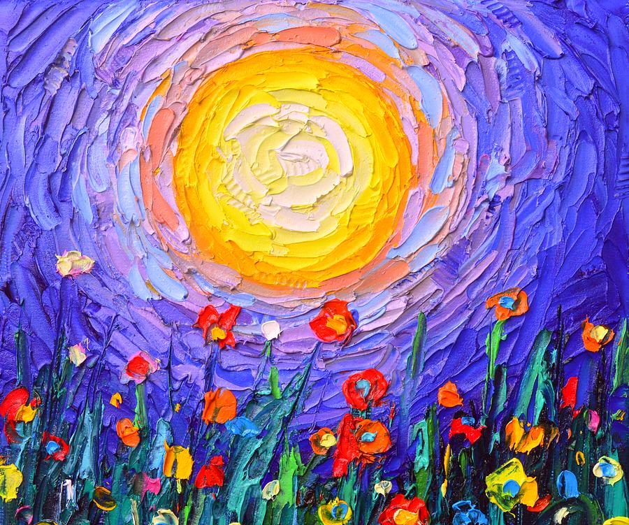 ABSTRACT MOONLIGHT MEADOW moon and wildflowers impasto palette knife oil painting Ana Maria Edulescu Painting by Ana Maria Edulescu