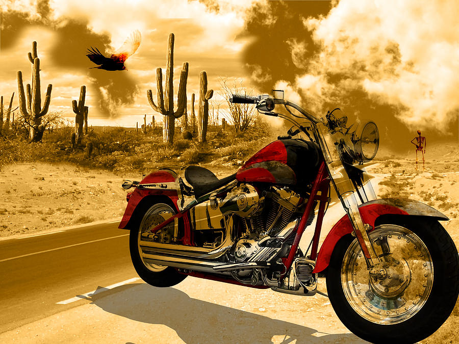 Abstract motorcycle art desert scene saguaro art Painting by Patel ...