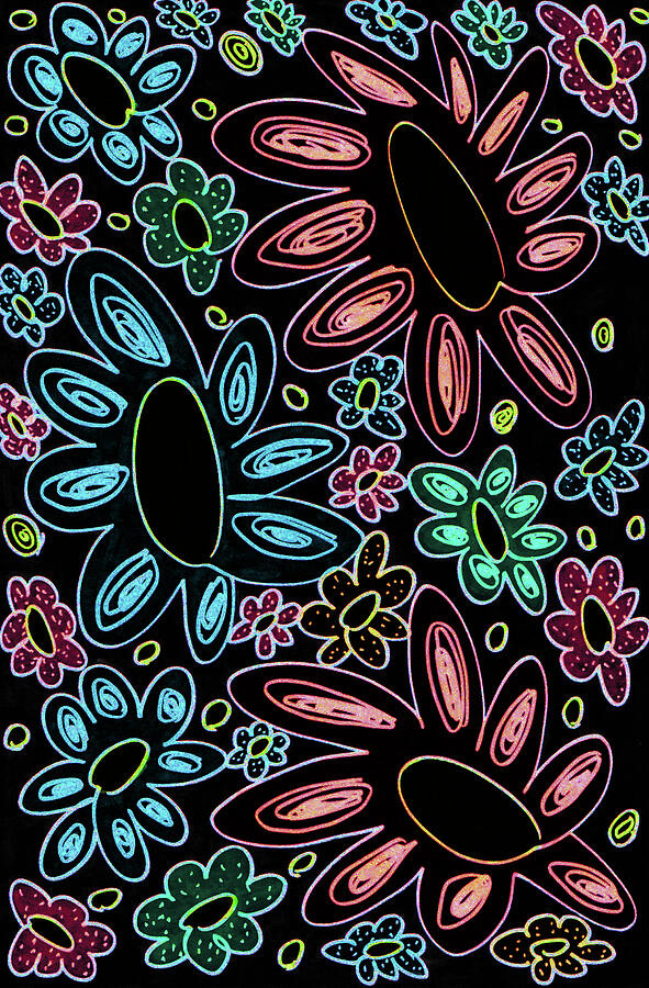 Abstract Neon Flowers on a Black Background Mixed Media by Catriona ...