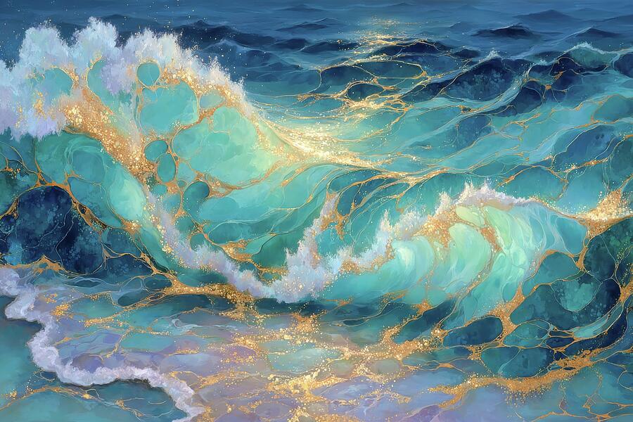 Abstract Ocean Energy - Golden-Veined Turquoise Waves Digital Art by Matthias Hauser