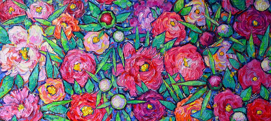ABSTRACT PEONIES AND WILD ROSES commissioned large palette knife oil painting Ana Maria Edulescu Painting by Ana Maria Edulescu