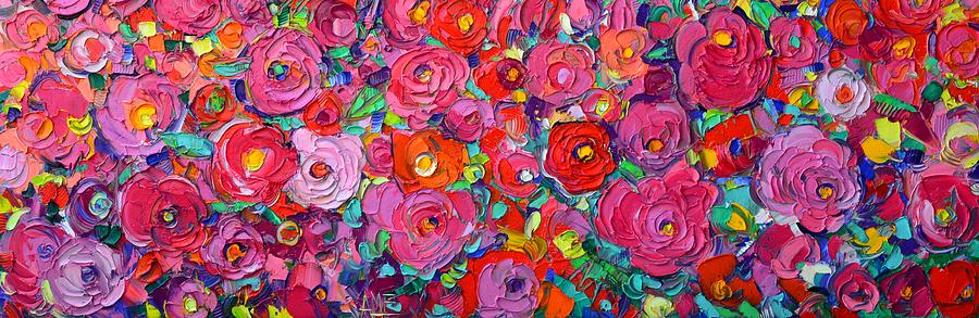 ABSTRACT PINK WILD ROSES textural impasto palette knife commissioned oil painting Ana Maria Edulescu Painting by Ana Maria Edulescu