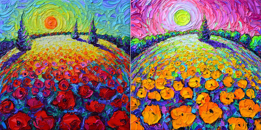 ABSTRACT POPPIES BLOOMING PLANETS day night colorful palette knife oil paintings Ana Maria Edulescu Painting by Ana Maria Edulescu