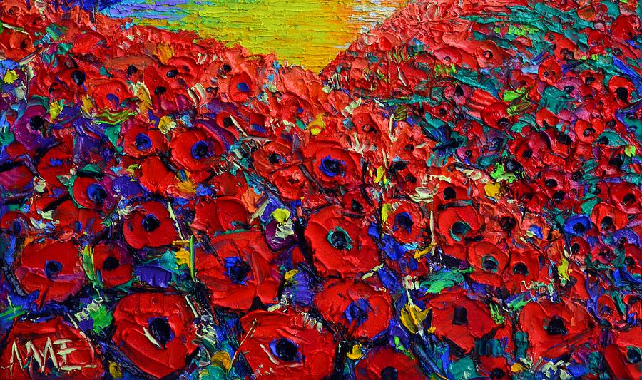 Poppy Painting - ABSTRACT POPPY HILLS 37 textural impressionist impasto palette knife oil painting Ana Maria Edulescu by Ana Maria Edulescu