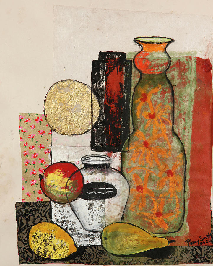 Still Life Painting - Abstract- Pots And Fruit by Penelope Jane Smith