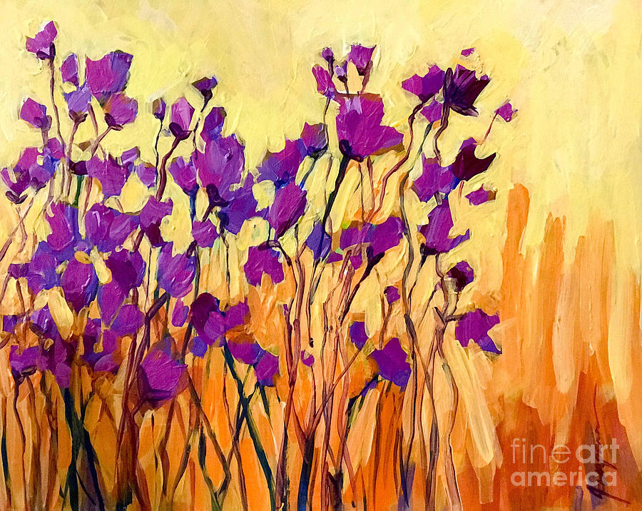 Abstract Purple Wild Flowers in the Field on a Yellow Sunset Painting by Patricia Awapara