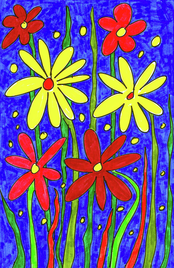 Abstract Red and Yellow Flowers with a Navy Background Mixed Media by ...