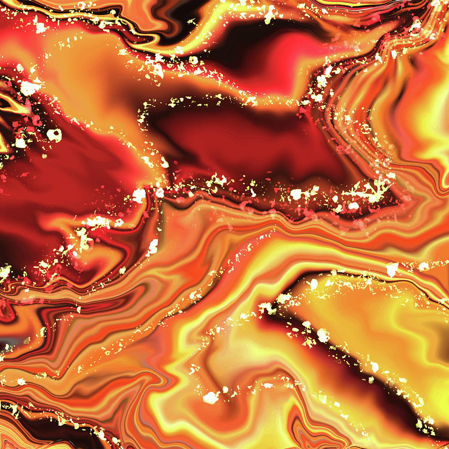 Abstract Red Orange Ink Liquid with Gold Glitter Digital Art by Sambel Pedes
