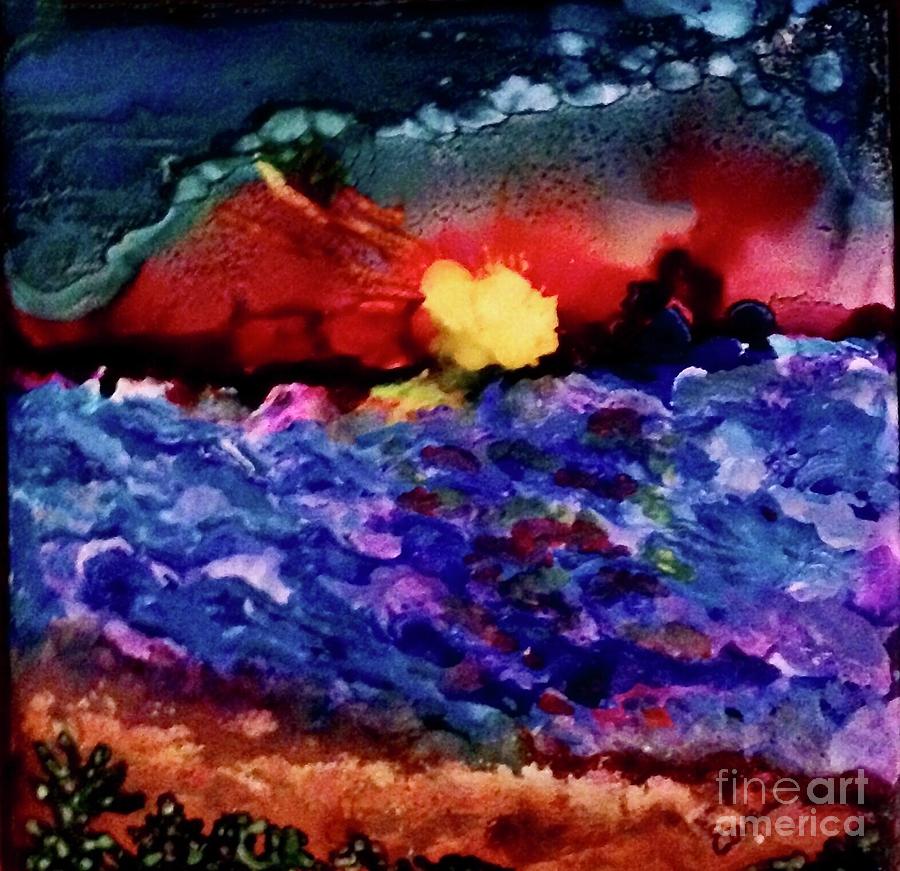 Abstract Sea and Setting Sun Painting by Eunice Warfel