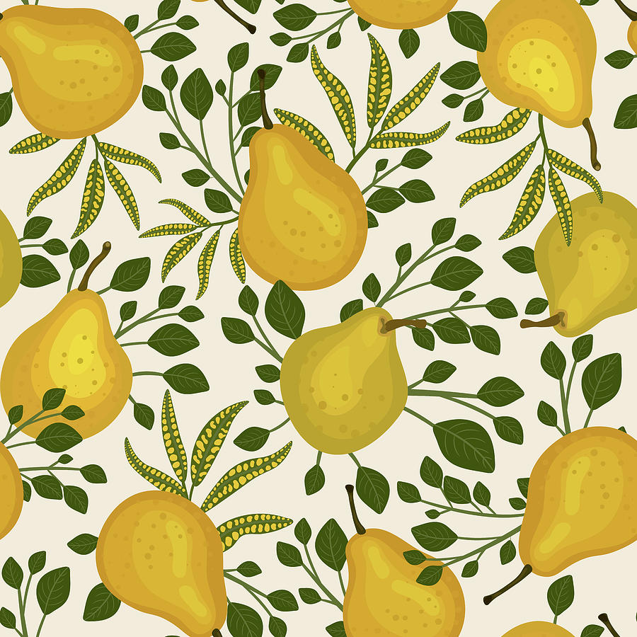 Abstract Seamless Pattern With Yellow Pears And Leaves Drawing