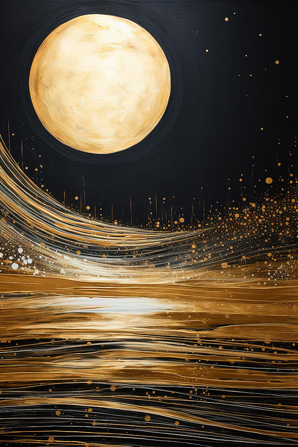 Abstract Seascape with Large Golden Moon Art Painting by Lourry Legarde
