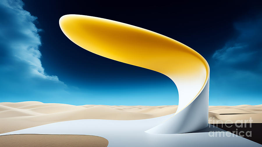 Abstract smooth yellow and white structure in a desert with blue sky. Digital Art by Odon Czintos