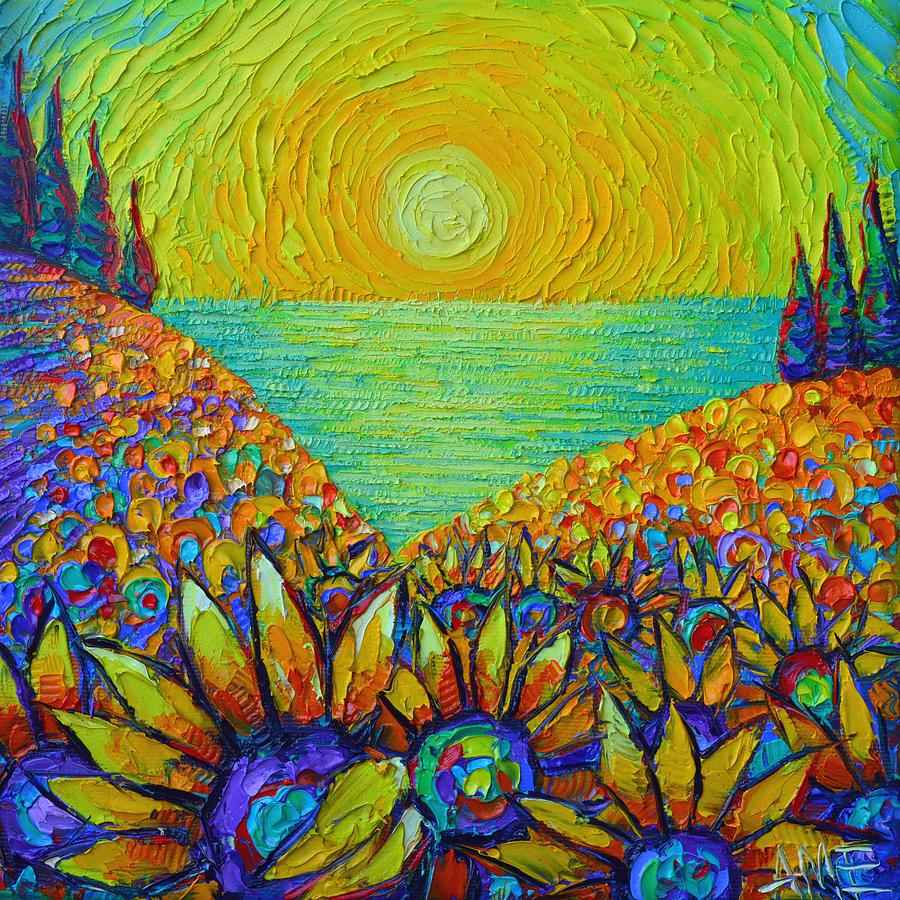 ABSTRACT SUNRISE SUNFLOWERS BY SEA textural impasto palette knife oil painting Ana Maria Edulescu Painting by Ana Maria Edulescu