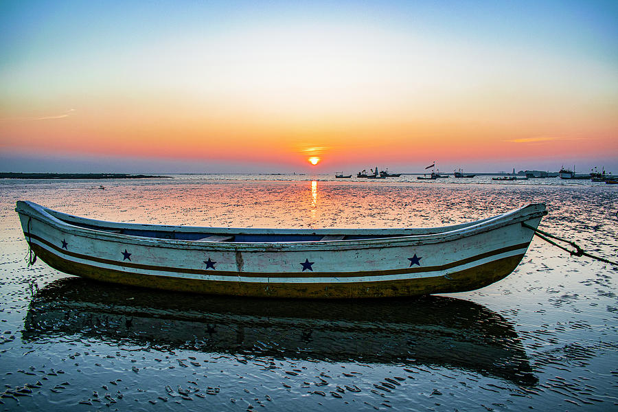 Wallpaper Beach, sands, boat, sea, sunset 5120x2880 UHD 5K Picture, Image