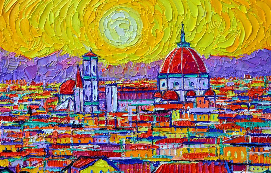 Michelangelo Painting - ABSTRACT SUNSET OVER DUOMO IN fLORENCE ITALY textured palette knife oil painting Ana Maria Edulescu  by Ana Maria Edulescu