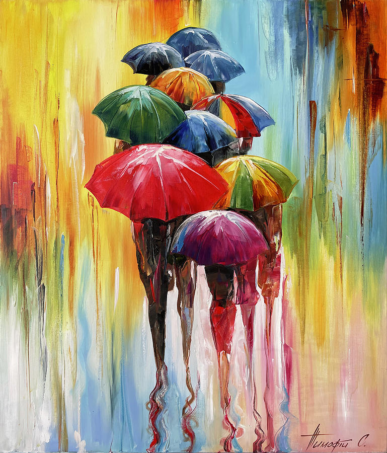 Abstract Umbrellas Painting on Canvas, Colorful Wall Art, Rainy Day Art