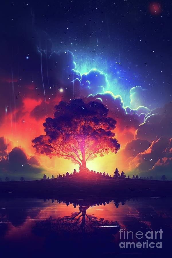 Abstract vertical illustration with trees and nature in neon colors. Ai generated. Photograph by Joaquin Corbalan