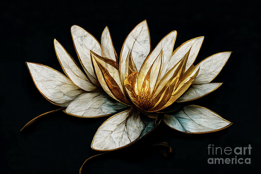 Lily Painting - Abstract water lily flower with white marble and gold texture on by Jelena Jovanovic