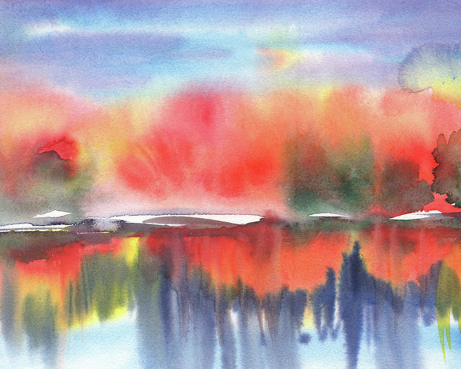 Abstract Watercolor Fall With Pond Reflections II Painting by Irina Sztukowski
