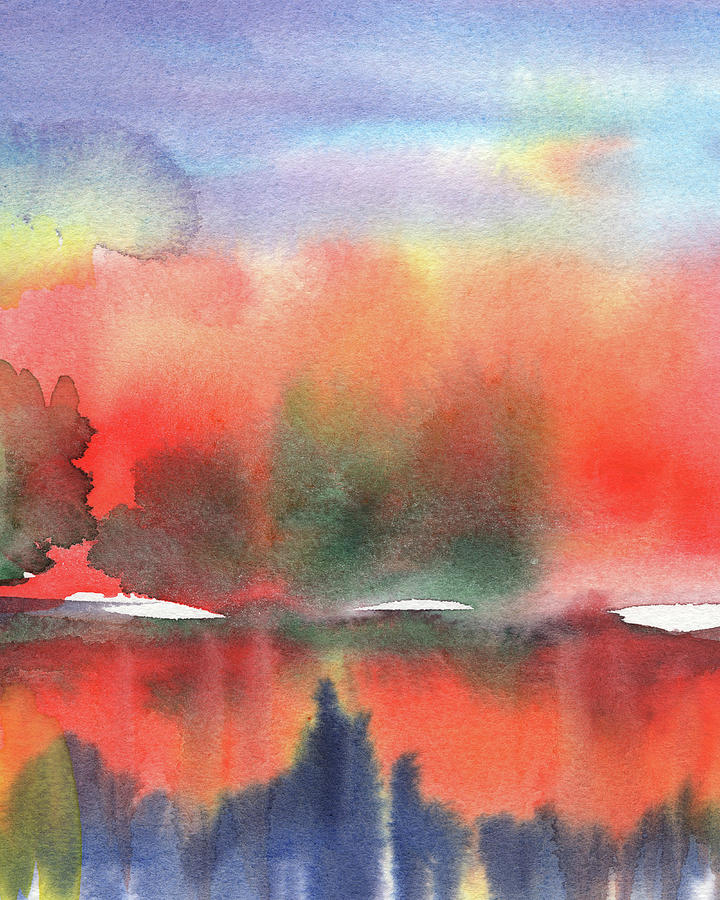 Abstract Watercolor Fall With Pond Reflections III Painting by Irina Sztukowski