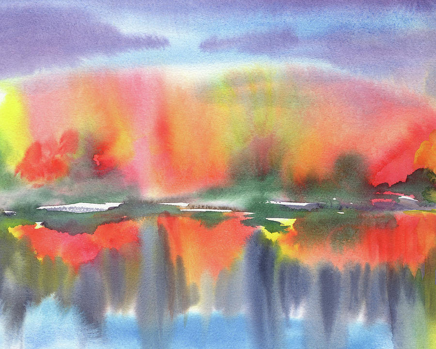 Abstract Watercolor Fall With Pond Reflections  Painting by Irina Sztukowski