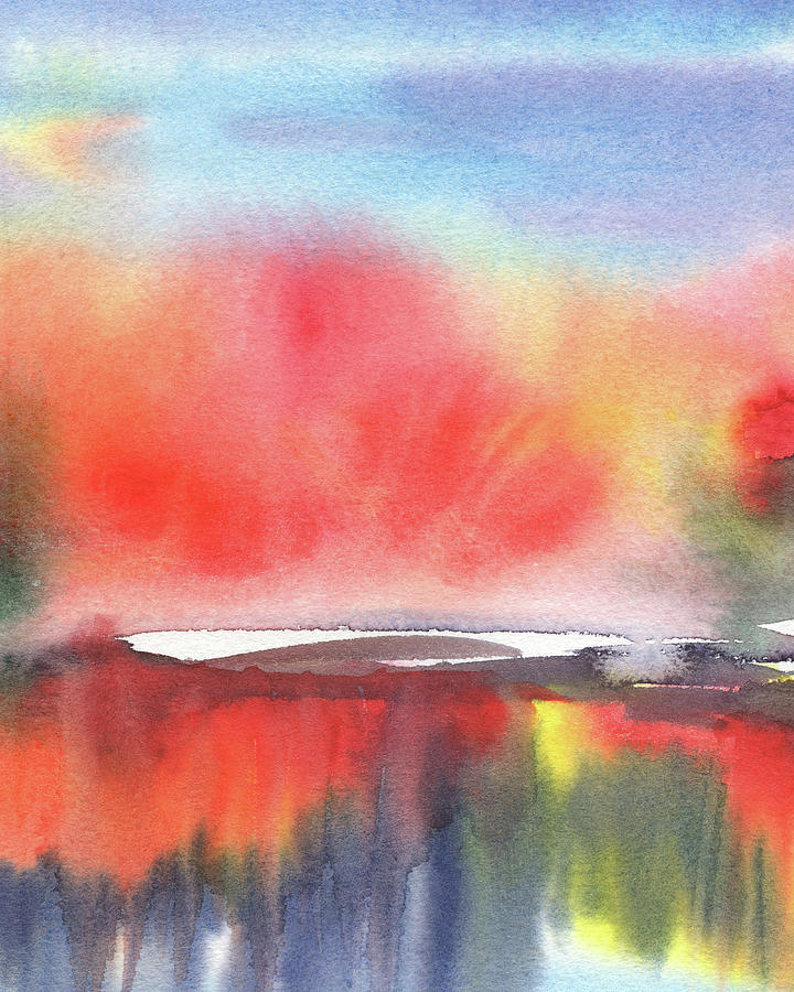 Abstract Watercolor Fall With Pond Reflections IV Painting by Irina Sztukowski