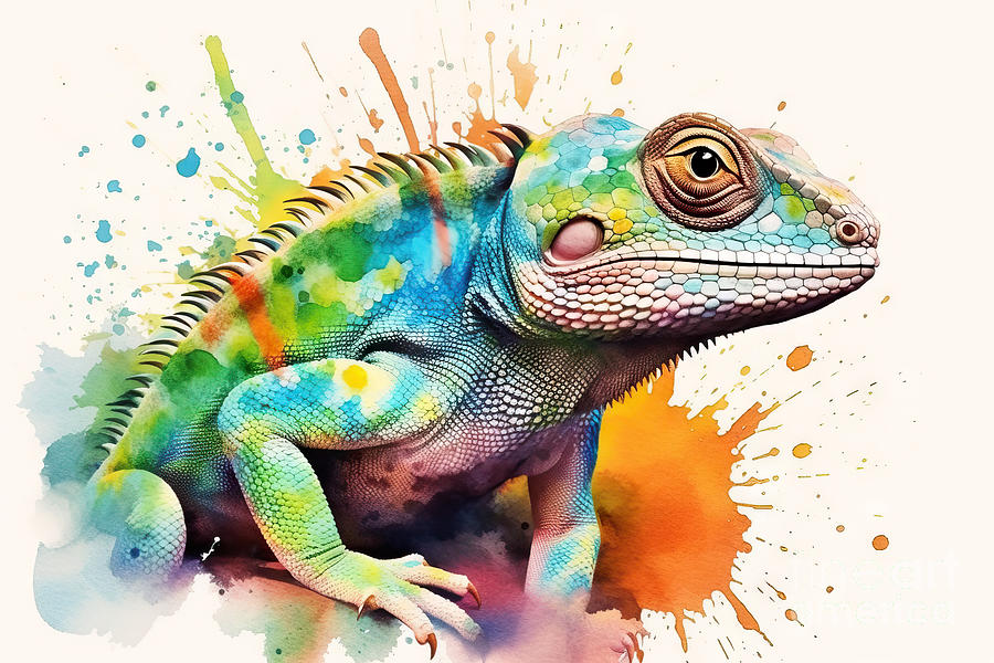 Wildlife Painting - Abstract watercolor illustration of a wild lizard on white backg by N Akkash