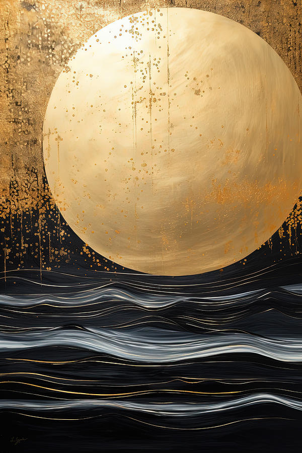 Abstract Waves with Gold Moon Painting Painting by Lourry Legarde