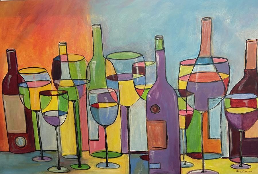 Abstract Wine Bottles and Glasses Painting by Denice Palanuk Wilson